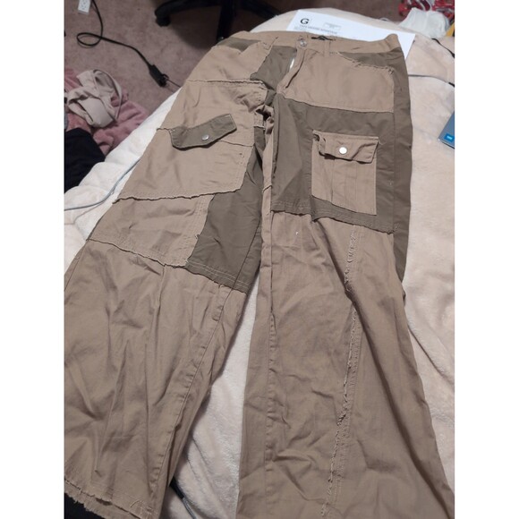 Green and tan patch work flare pants size large - Picture 3 of 6